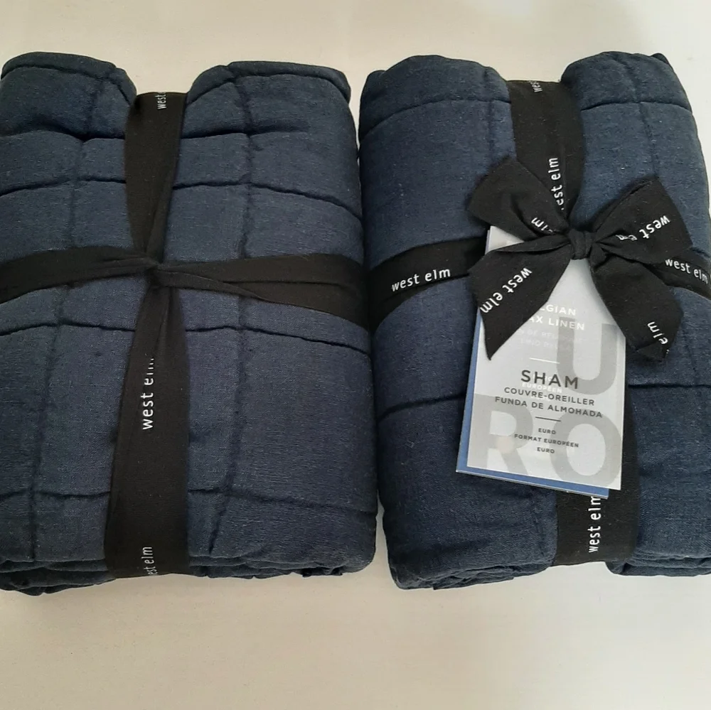 West Elm Belgian Flax Linen Frayed Edge Euro Quilted Shams Midnight Blue